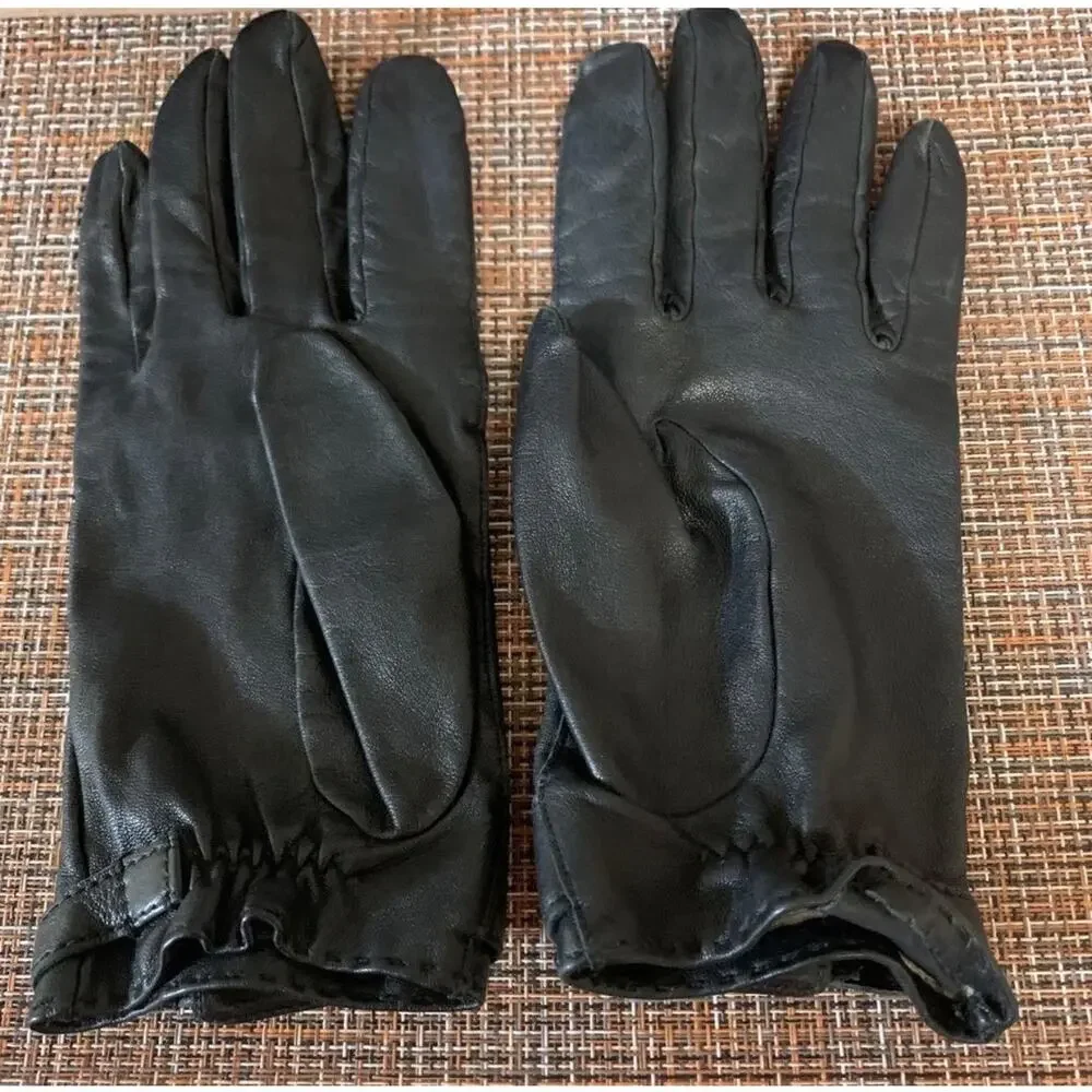 GUCCI RARE Lion Shaped Gold Embellishments Black Leather Gloves Size 8 Authentic - Picture 4 of 5